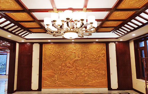 朝阳中式别墅客厅中式木作横梁吊顶装饰展示